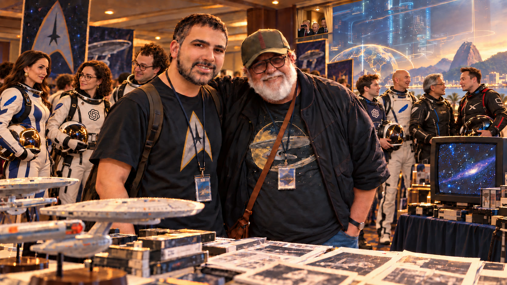 AI-generated symbolic scene of adult Tadeu and his father together at an imagined science-fiction fan event in Rio, surrounded by model starships and fictional space-program references.
