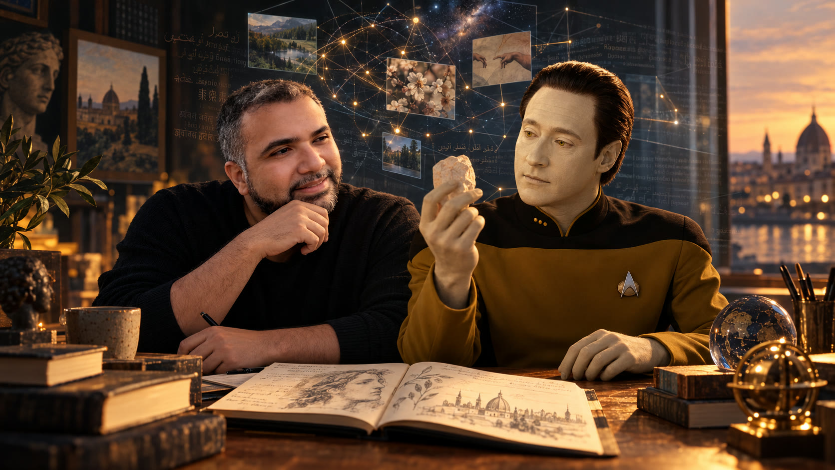 AI-generated reflective scene of Tadeu seated with the fictional android Data at a table, beside an open notebook and images connected to art, language and nature.