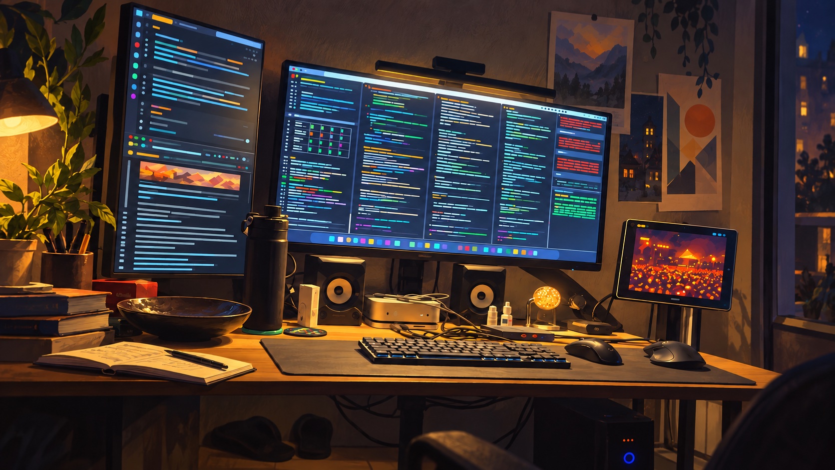 AI-generated illustration based on Tadeu’s real workstation, with a vertical display, a wide screen divided into concurrent terminal panes, and a smaller side display in warm light.